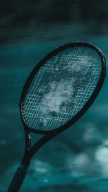 Tennis racket with wet strings captured in moody teal light