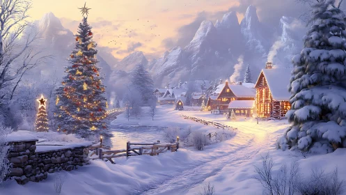 Snowy Christmas village glows under pastel mountain twilight.