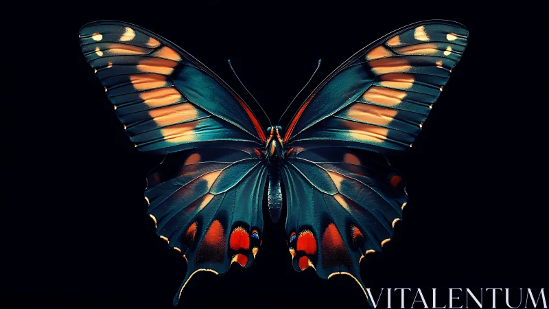 Isolated butterfly specimen is centered against dark field