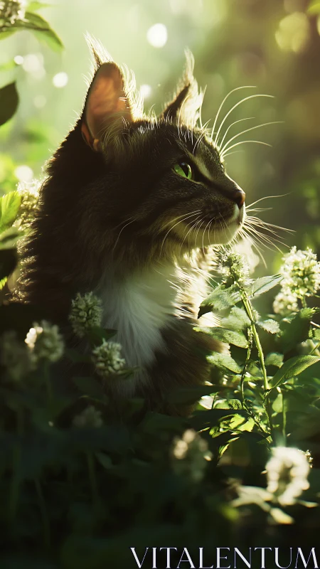 Black Cat Among White Flowers in Golden Light.