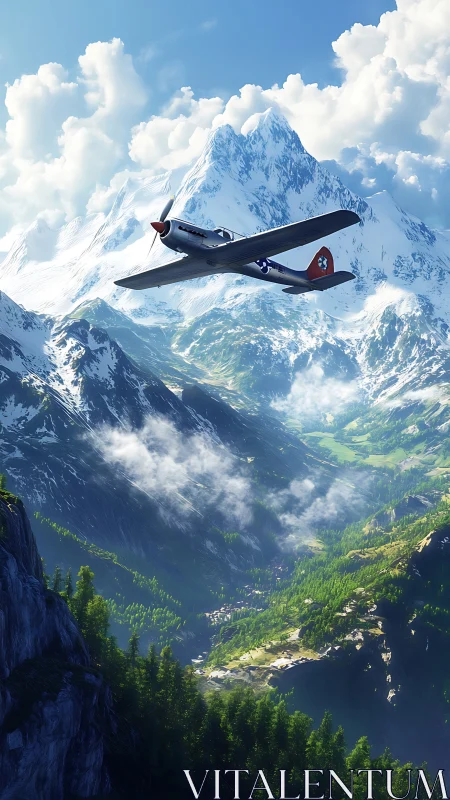 Vintage plane wandering through sunlit alpine daydreams.