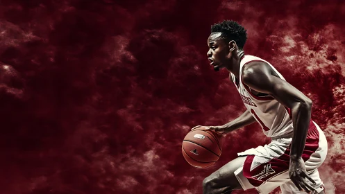 Basketball player dribbling against dramatic red backdrop.