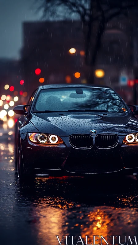 Rain-soaked city prowler glows through neon-streaked dusk