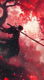 Lone samurai poised beneath crimson storm of falling leaves.