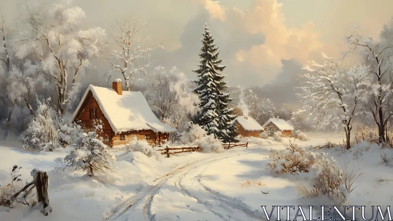 Snowy forest cabins glow softly in tranquil winter light.