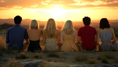 Group of friends sitting together at sunset in warm, natural light.