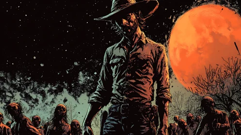 Lone survivor facing zombies under large blood moon.