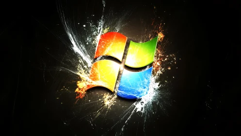 Windows logo ignites with explosive light and color shards.
