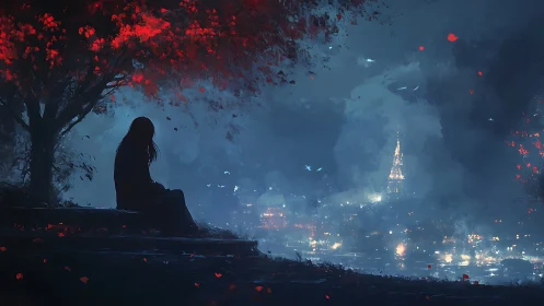 Solitary figure under crimson tree watching distant city lights.