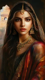 Graceful woman in ornate sari glowing with timeless elegance.