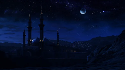 Mosque silhouette stands under dense starry midnight sky