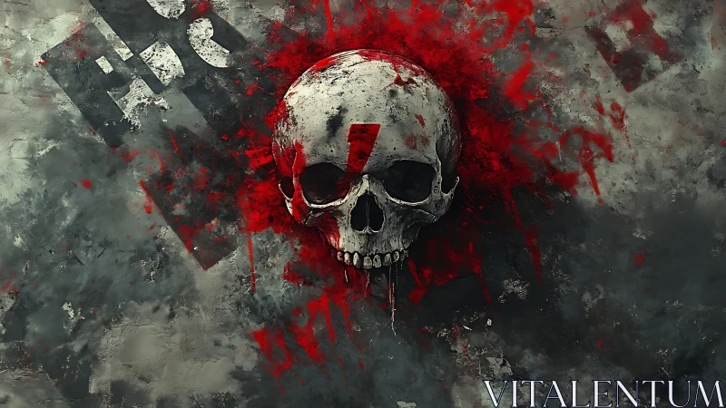 Cracked skull erupts through red splatter on grim wall