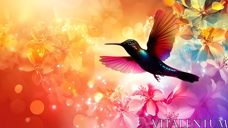 Radiant hummingbird in glowing floral color spectrum.