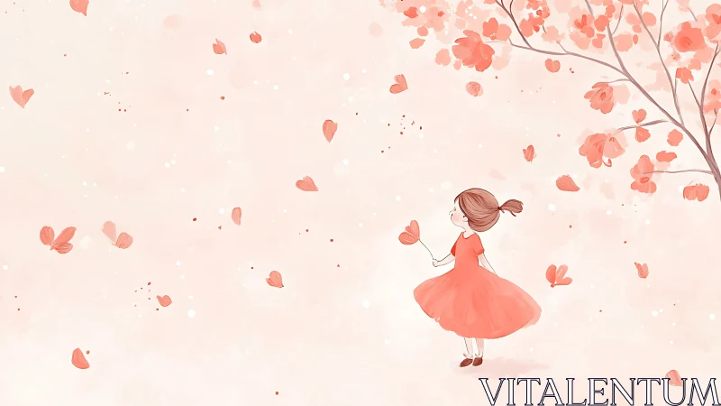 Digital Illustration: Child Figure in Coral Dress Amid Falling Floral Petals