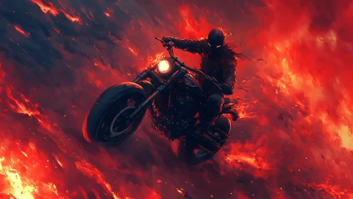 Armored rider on flaming motorcycle cuts through infernal sky