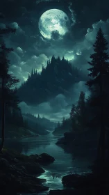 Moonlit mountain river glows beneath a looming enchanted sky