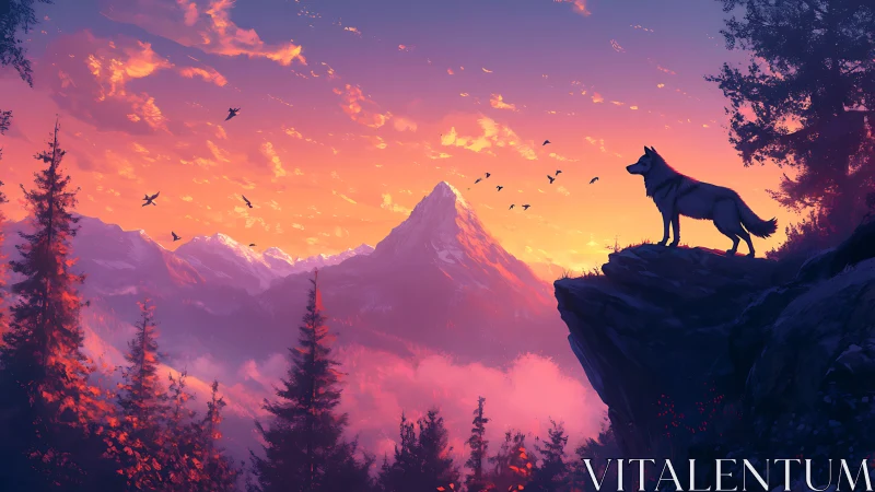 Wolf stands on cliff above pine forest and distant mountain