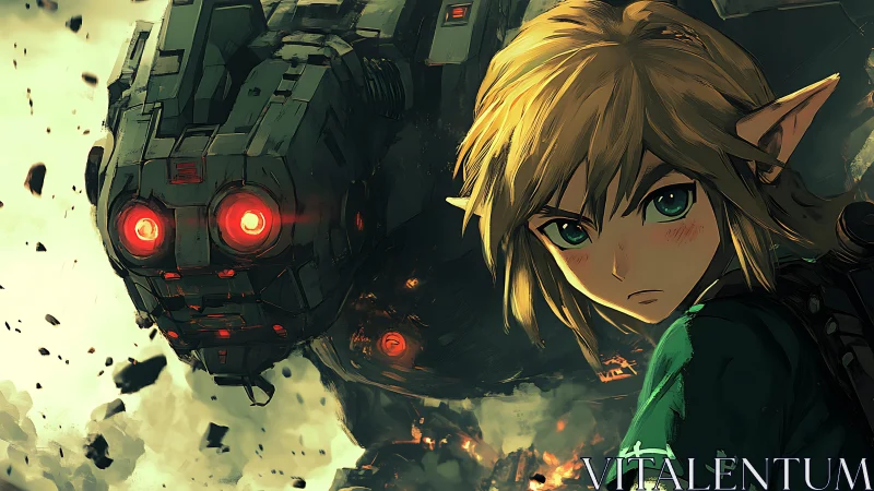 Elf-like character stands before large combat mech unit