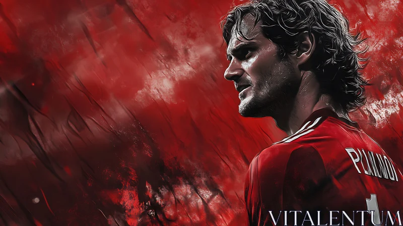 Focused soccer player in bold red, framed by fiery energy.