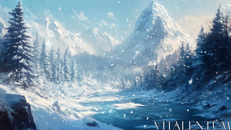 Whispering winter river beneath a sky-struck crystal peak.