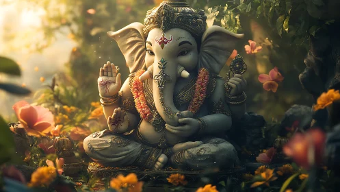 Ganesha idol glows in golden forest light, serene presence.