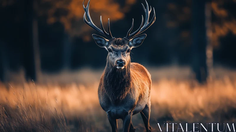 Majestic stag in golden meadow at dusk, cinematic focus.