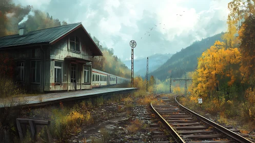 Quiet mountain train stop wrapped in soft autumn color.