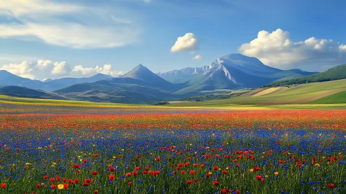 Wildflower plain stretches beneath clear alpine sky.
