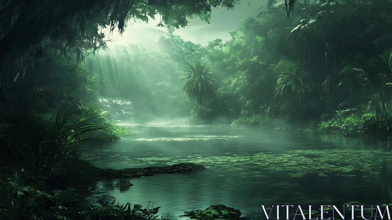 Dense tropical river landscape with filtered daylight view.