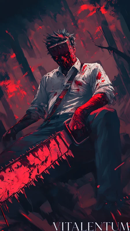 Masked bloodied figure with chainsaw in dark forest scene.