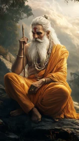 Mountain sage in saffron silence above cloud-brushed valleys.