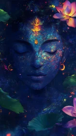 Cosmic blue face with closed eyes and glowing lotus light.