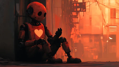 Robot sits against alley wall with illuminated heart emblem
