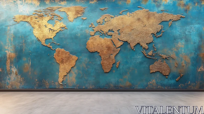 Textured gold world map mural on blue gallery wall.