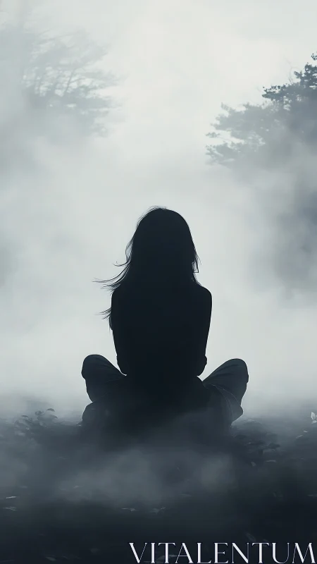 Solitary seated figure in dense morning forest fog.