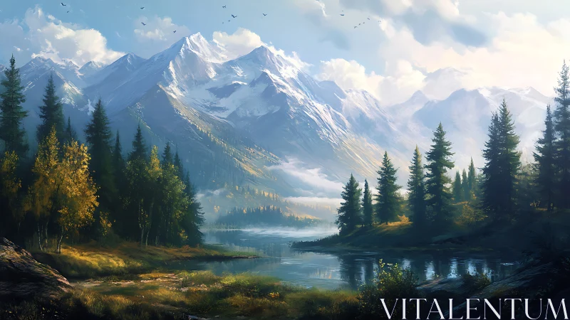 Snowbound peaks mirror over serene evergreen mountain lake.