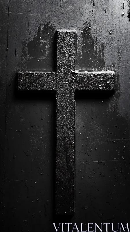 Textured black cruciform with wet surface micro-reflections.