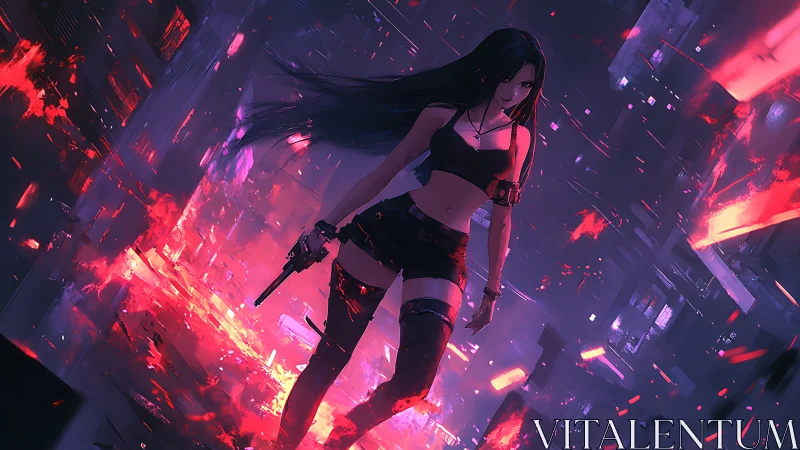 Armed cyberpunk heroine strides through burning neon street