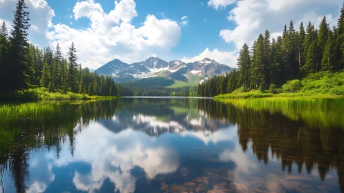 Symmetric alpine lake reflection under cumuliform daylight rendering.