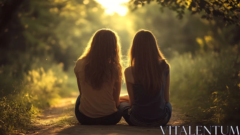 Two girls sitting on a sunlit path in a dreamy, soft-focus style.