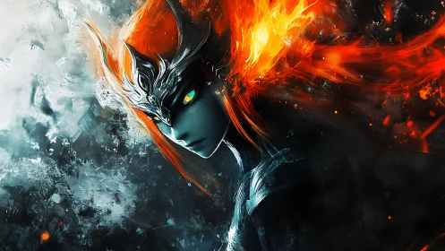 Fiery crowned figure with glowing eyes in abstract space.