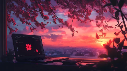Sunset coder’s window overlooking neon-pink cherry blossoms.