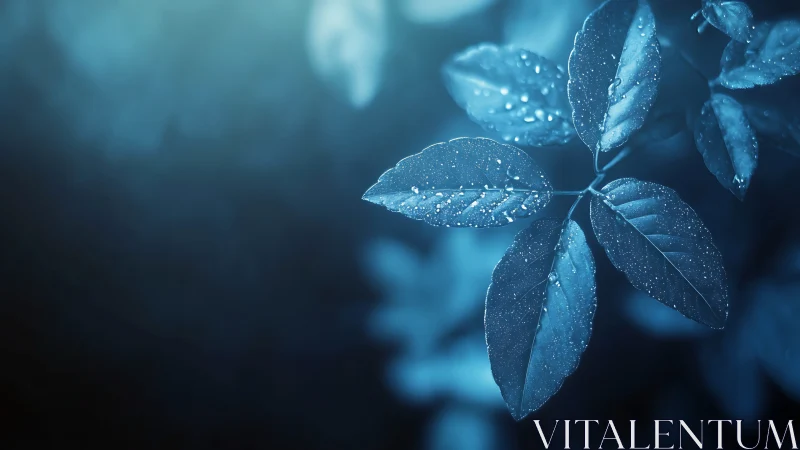 Water droplets rest on backlit blue-toned leaves at night