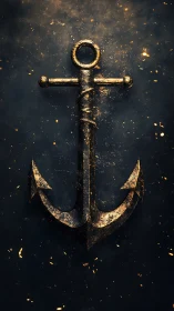 Weathered metallic anchor with ember sparks on dark backdrop