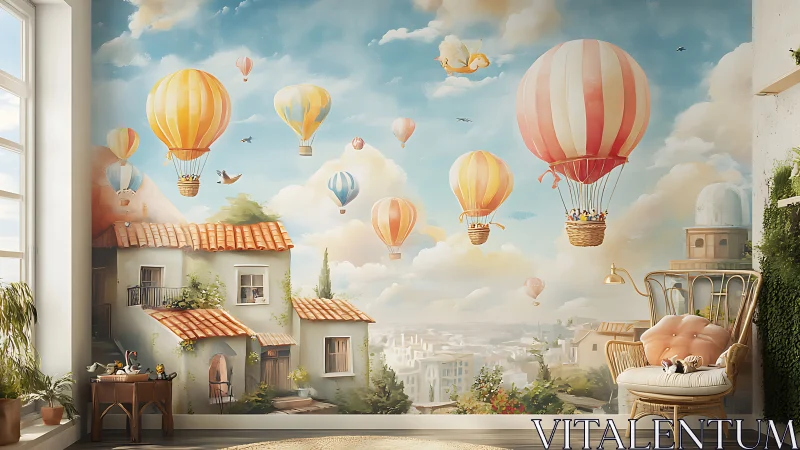 Whimsical hot air balloons drift above sunlit mural cityscape.