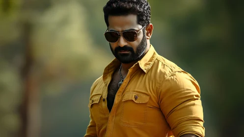 Man in mustard shirt wearing sunglasses outdoors.