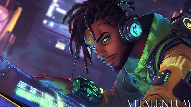 Neon-code beatmaster in a glowing cyberpunk command booth.