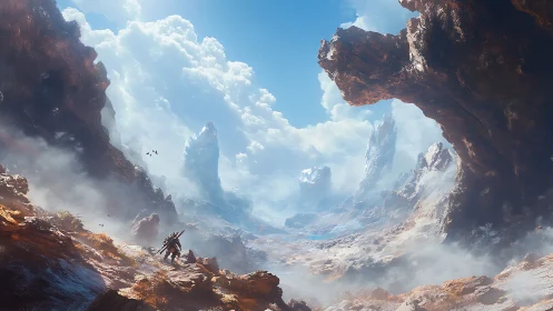 Lone traveler crossing a misty alien canyon under bright sky.