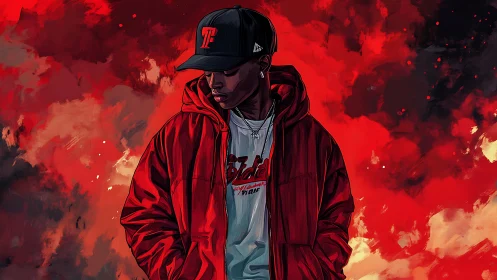 Street-lit dreamer drifts through a storm of painted fire