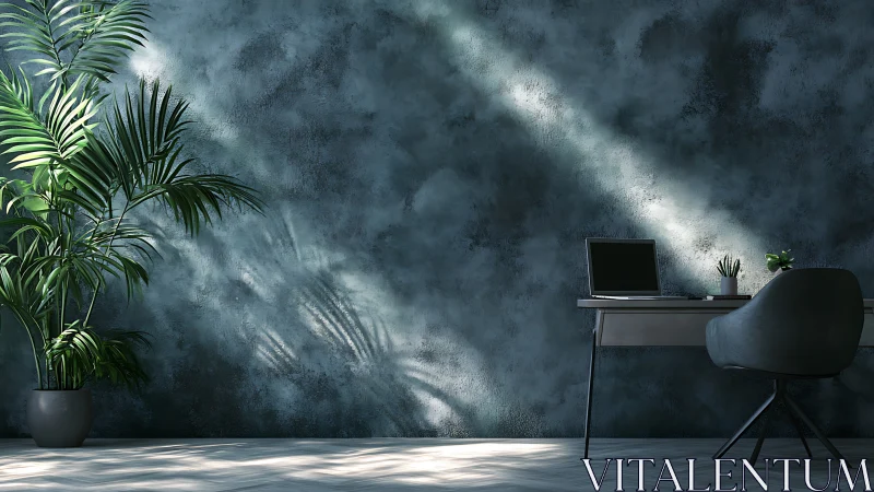Minimalist workspace integrates laptop, foliage, and raking light